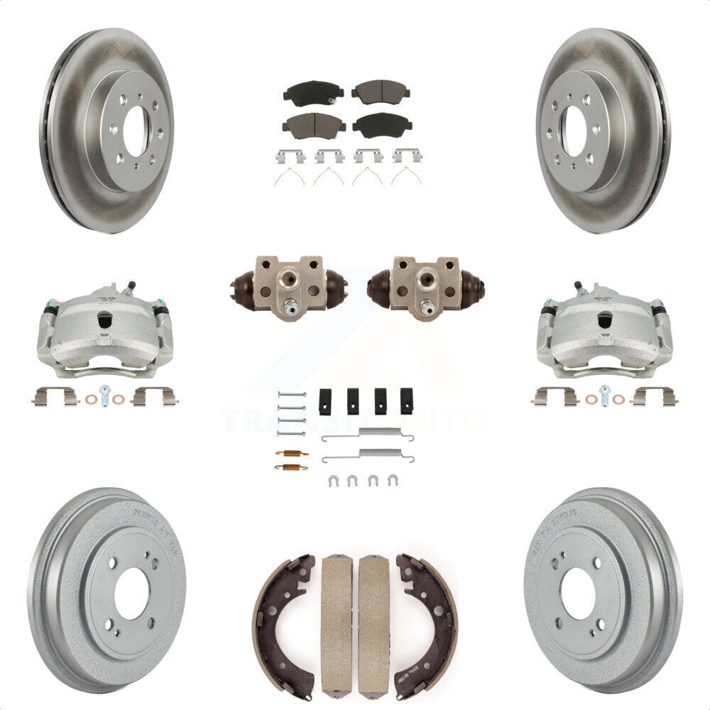 Front Rear Disc Brake Caliper Coated Rotors Drums Ceramic Pads Shoes Wheel Cylinders And Hardware Kit (11Pc) For Honda Civic With 4 Lug Wheels KCG-100387C by Transit Auto