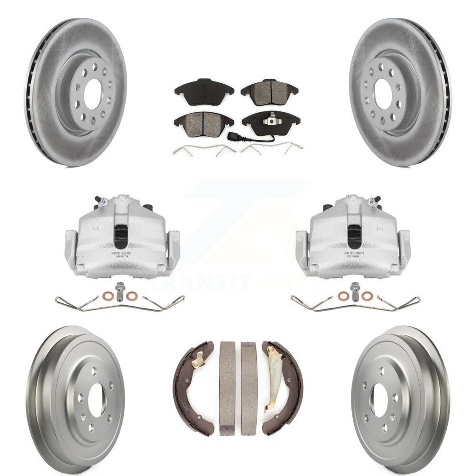 Front Rear Disc Brake Caliper Coated Rotors Drums Semi-Metallic Pads Kit (8Pc) For Volkswagen Jetta With 312mm Diameter Rotor KCG-100387S