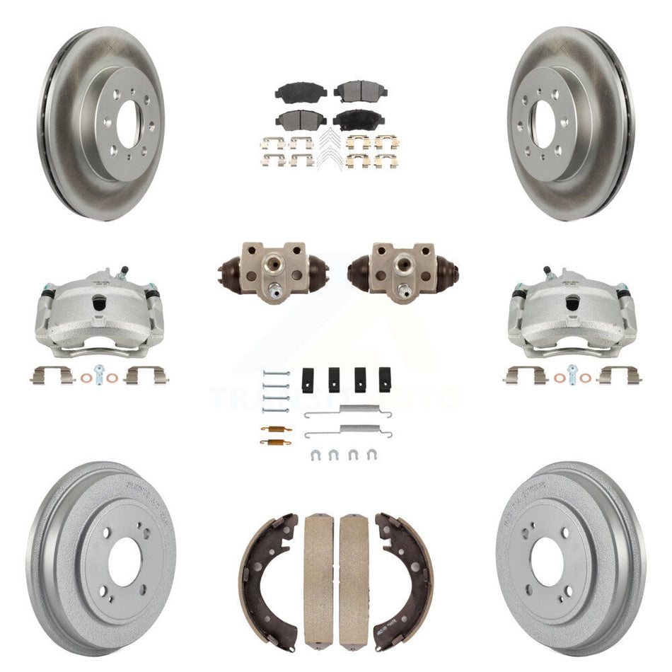 Front Rear Disc Brake Caliper Coated Rotors Drums Ceramic Pads Shoes Wheel Cylinders And Hardware Kit (11Pc) For Honda Civic With 4 Lug Wheels KCG-100387T
