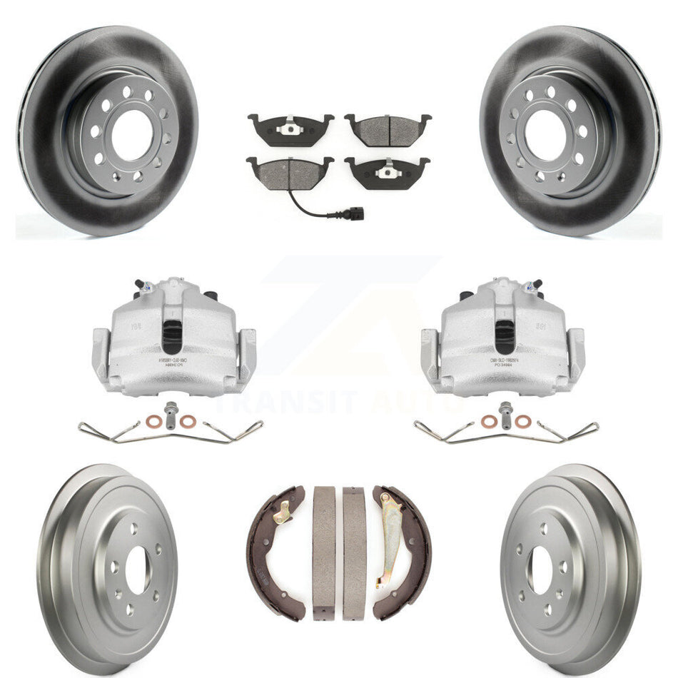 Front Rear Disc Brake Caliper Coated Rotors Drums Semi-Metallic Pads Kit (8Pc) For Volkswagen Jetta With 280mm Diameter Rotor KCG-100388S