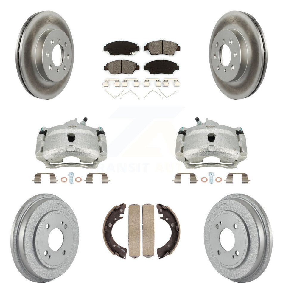 Front Rear Disc Brake Caliper Coated Rotors Drums Semi-Metallic Pads Kit (8Pc) For Honda Civic With 4 Lug Wheels KCG-100392S