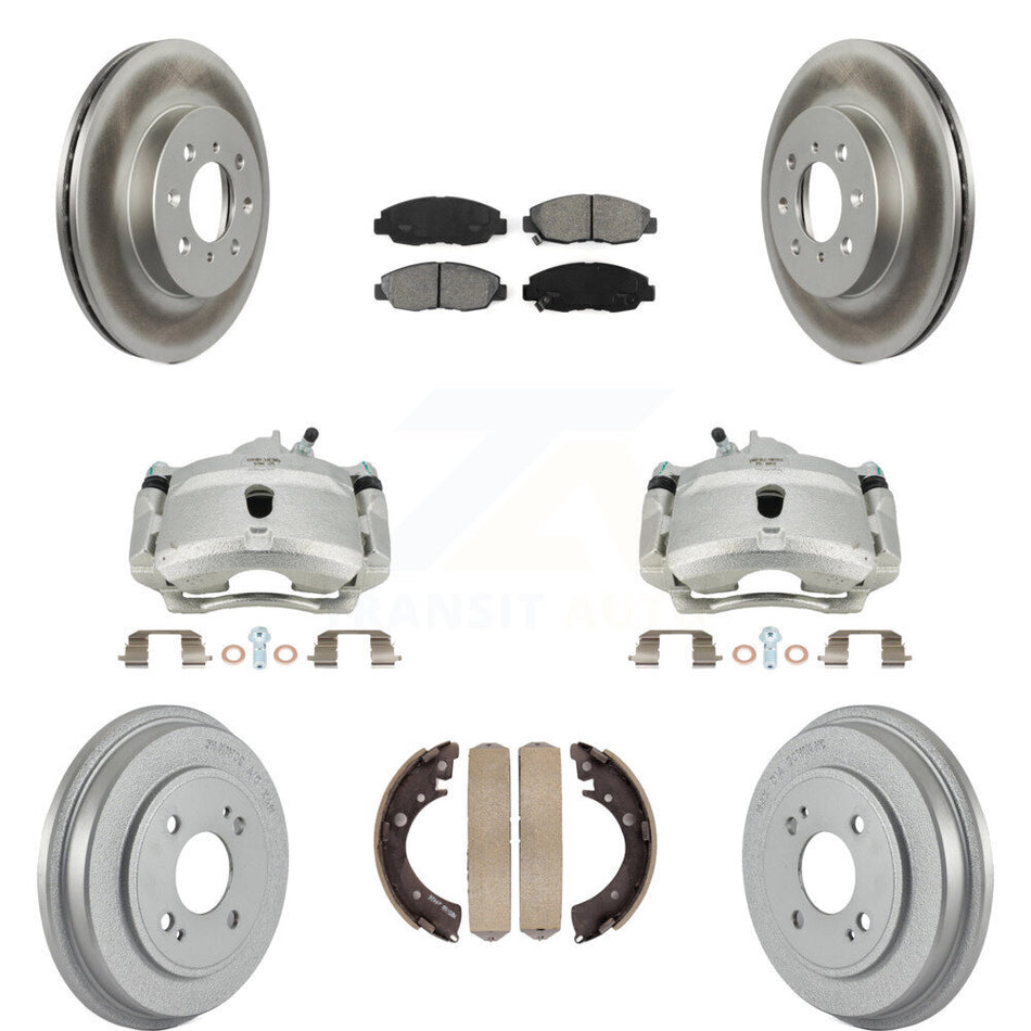 Front Rear Disc Brake Caliper Coated Rotors Drums Semi-Metallic Pads Kit (8Pc) For Honda Civic KCG-100393S