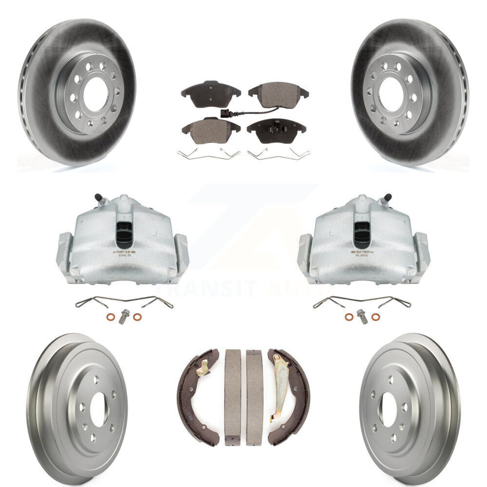 Front Rear Disc Brake Caliper Coated Rotors Drums Ceramic Pads Kit (8Pc) For Volkswagen Jetta With 288mm Diameter Rotor KCG-100393T