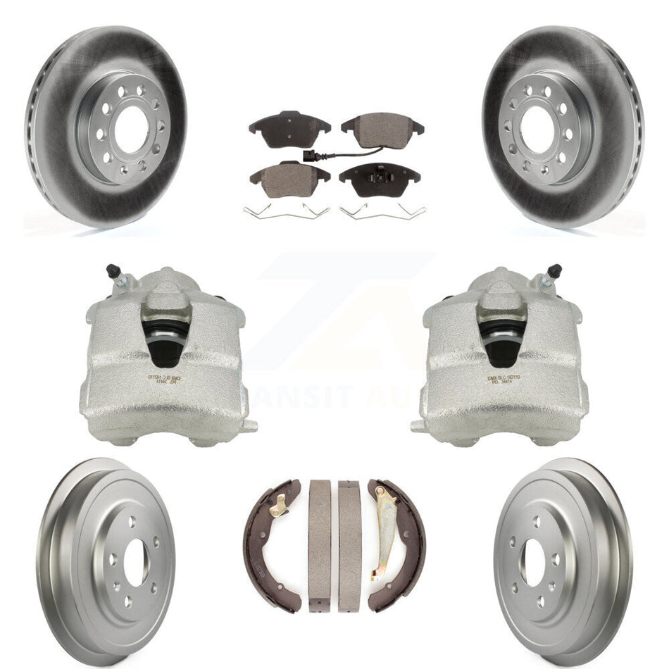 Front Rear Disc Brake Caliper Coated Rotors Drums Ceramic Pads Kit (8Pc) For Volkswagen Jetta With 288mm Diameter Rotor KCG-100396T