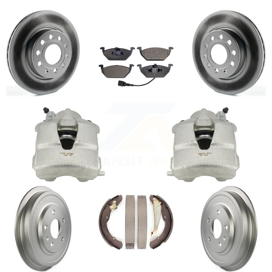 Front Rear Disc Brake Caliper Coated Rotors Drums Ceramic Pads Kit (8Pc) For Volkswagen Jetta With 280mm Diameter Rotor KCG-100397T