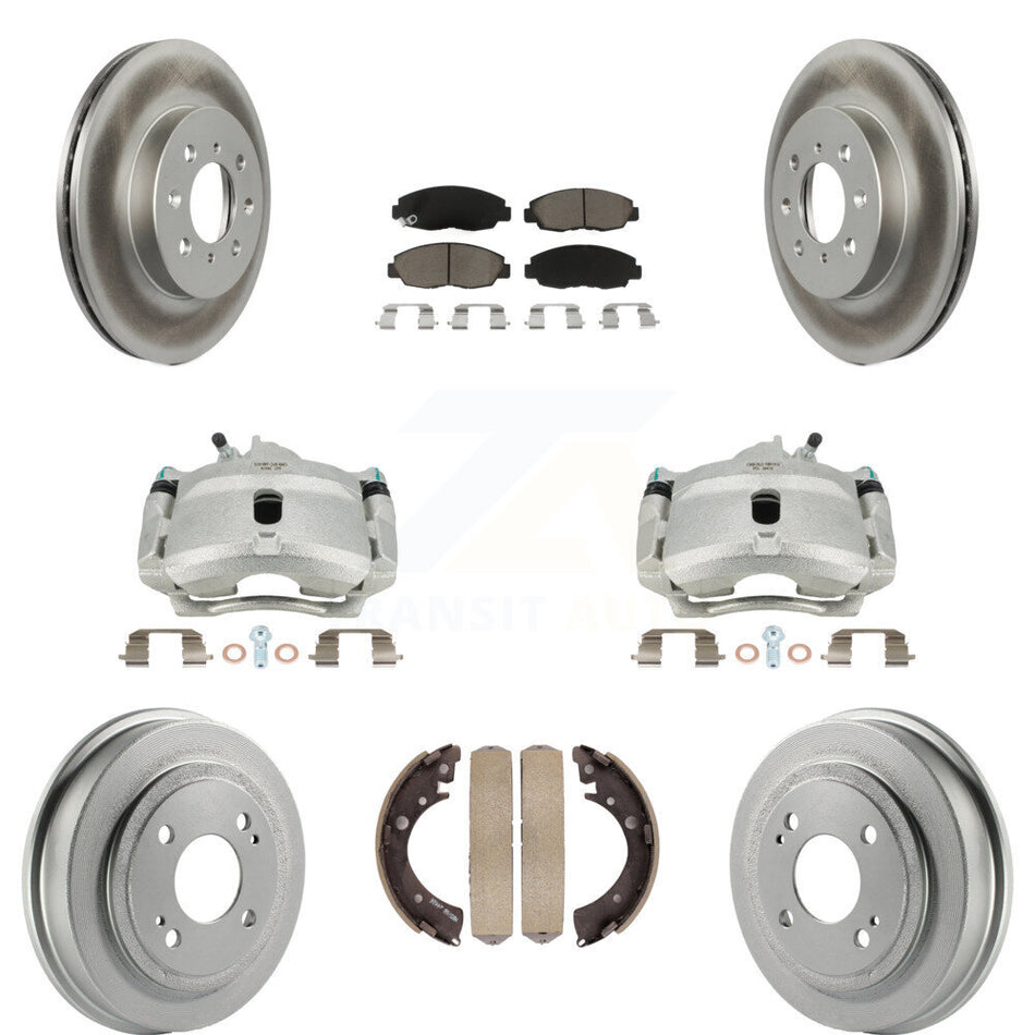 Front Rear Disc Brake Caliper Coated Rotors Drums Ceramic Pads Kit (8Pc) For Honda Civic Acura EL KCG-100399C