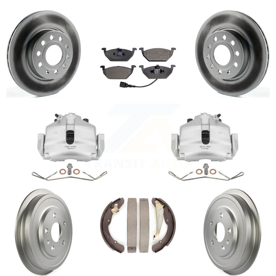 Front Rear Disc Brake Caliper Coated Rotors Drums Ceramic Pads Kit (8Pc) For Volkswagen Jetta With 280mm Diameter Rotor KCG-100399T