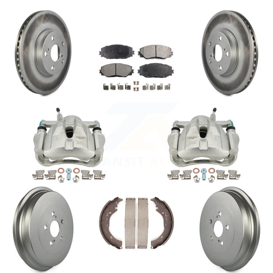 Front Rear Disc Brake Caliper Coated Rotors Drums Ceramic Pads Kit (8Pc) For Toyota Corolla KCG-100401T