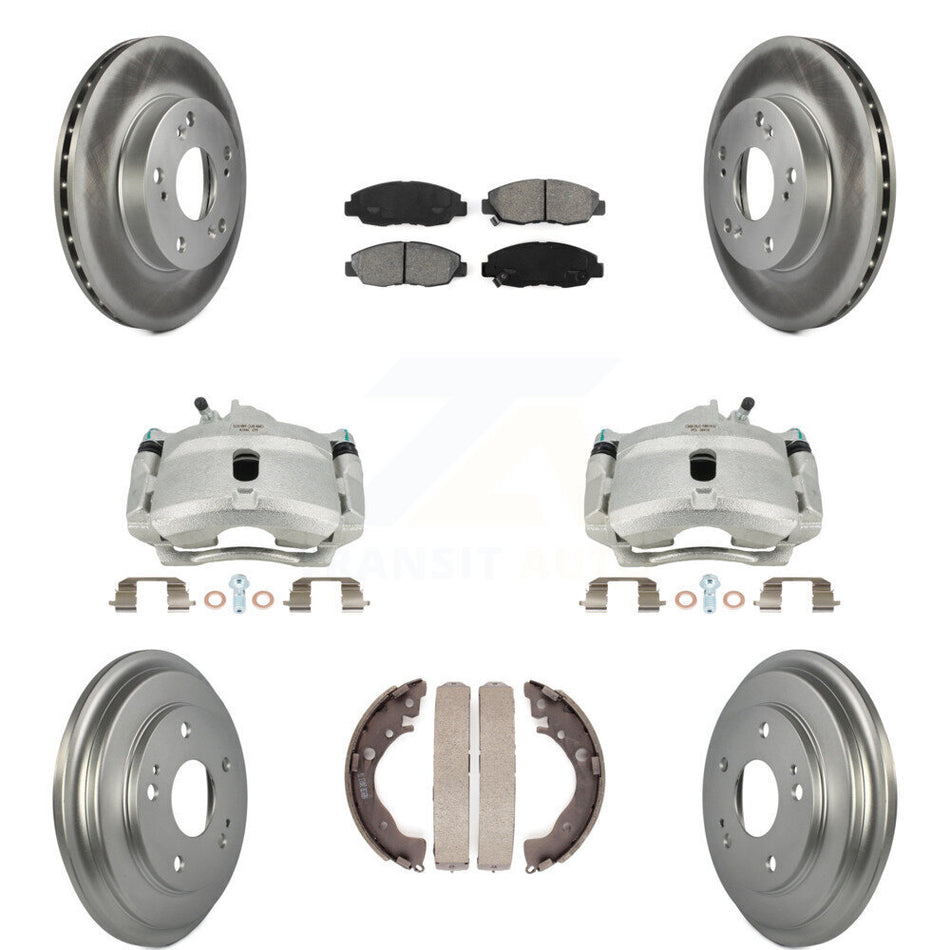 Front Rear Disc Brake Caliper Coated Rotors Drums Semi-Metallic Pads Kit (8Pc) For Honda Civic KCG-100404S