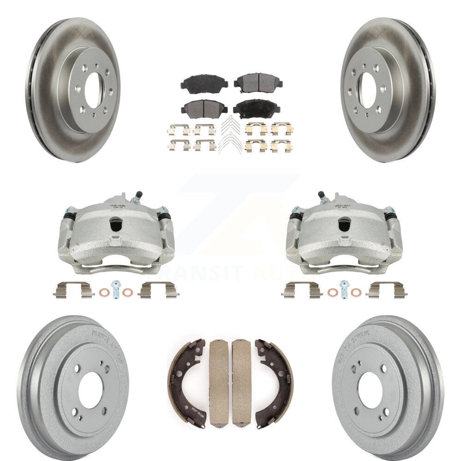 Front Rear Disc Brake Caliper Coated Rotors Drums Ceramic Pads Kit (8Pc) For Honda Civic With 4 Lug Wheels KCG-100404T by Transit Auto