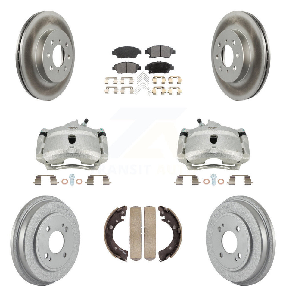 Front Rear Disc Brake Caliper Coated Rotors Drums Ceramic Pads Kit (8Pc) For Honda Civic With 4 Lug Wheels KCG-100404T