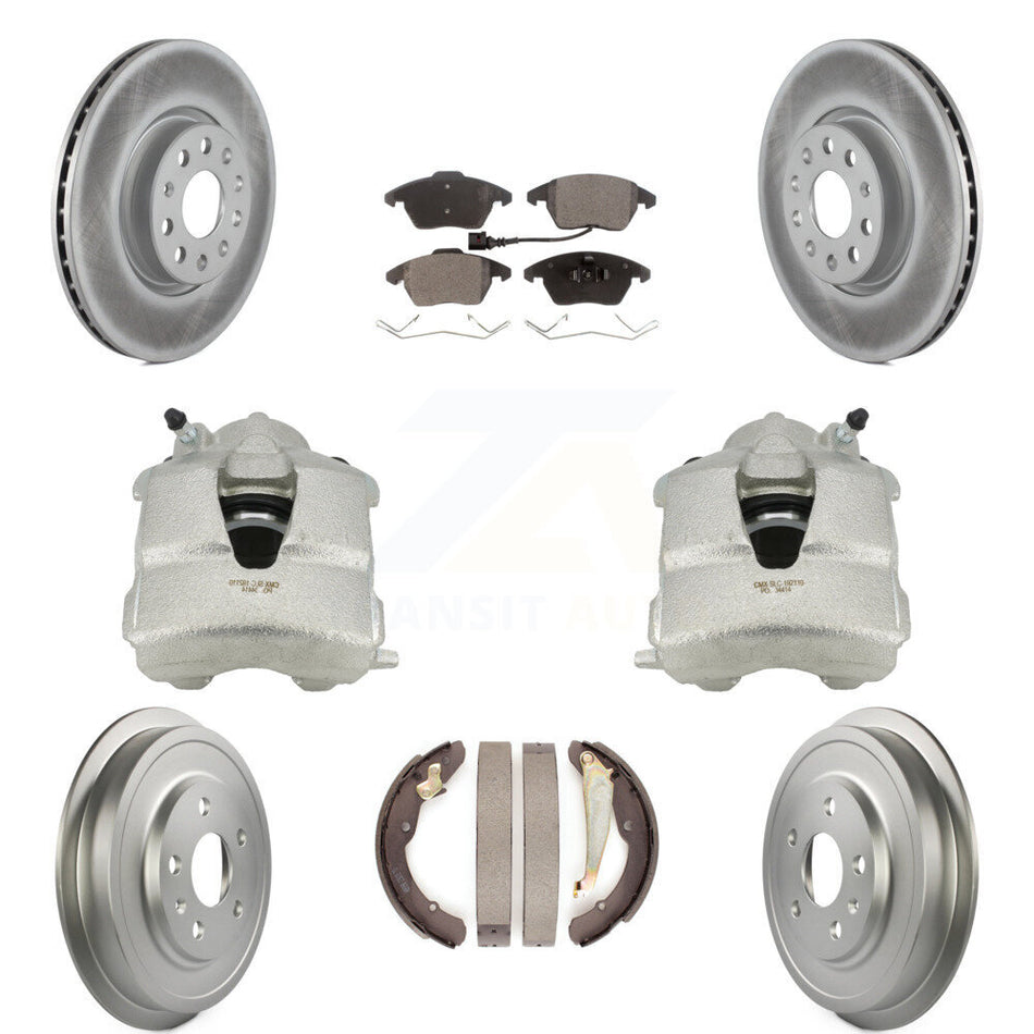 Front Rear Disc Brake Caliper Coated Rotors Drums Semi-Metallic Pads Kit (8Pc) For Volkswagen Jetta With 312mm Diameter Rotor KCG-100406P