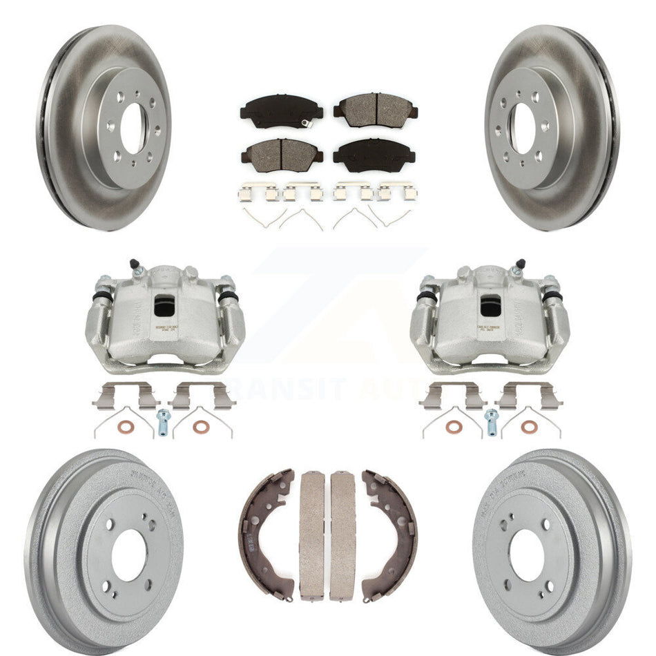 Front Rear Disc Brake Caliper Coated Rotors Drums Semi-Metallic Pads Kit (8Pc) For Honda Fit KCG-100407S