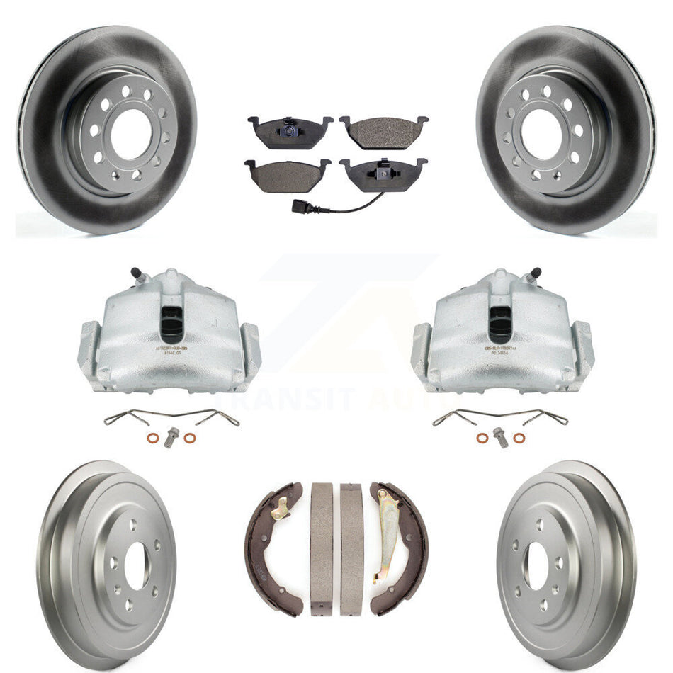 Front Rear Disc Brake Caliper Coated Rotors Drums Semi-Metallic Pads Kit (8Pc) For Volkswagen Jetta With 280mm Diameter Rotor KCG-100409P