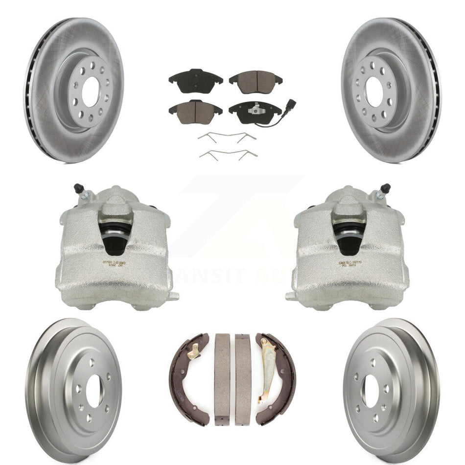 Front Rear Disc Brake Caliper Coated Rotors Drums Ceramic Pads Kit (8Pc) For Volkswagen Jetta With 312mm Diameter Rotor KCG-100410C