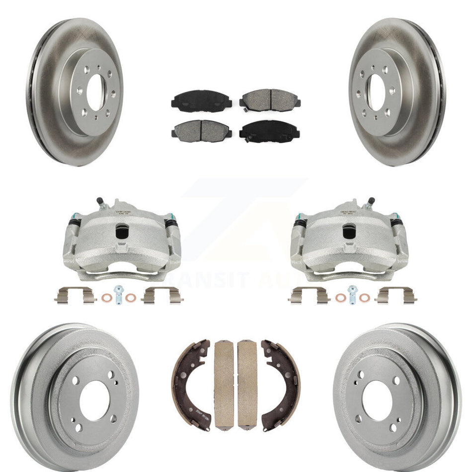 Front Rear Disc Brake Caliper Coated Rotors Drums Semi-Metallic Pads Kit (8Pc) For Honda Civic Acura EL KCG-100410S