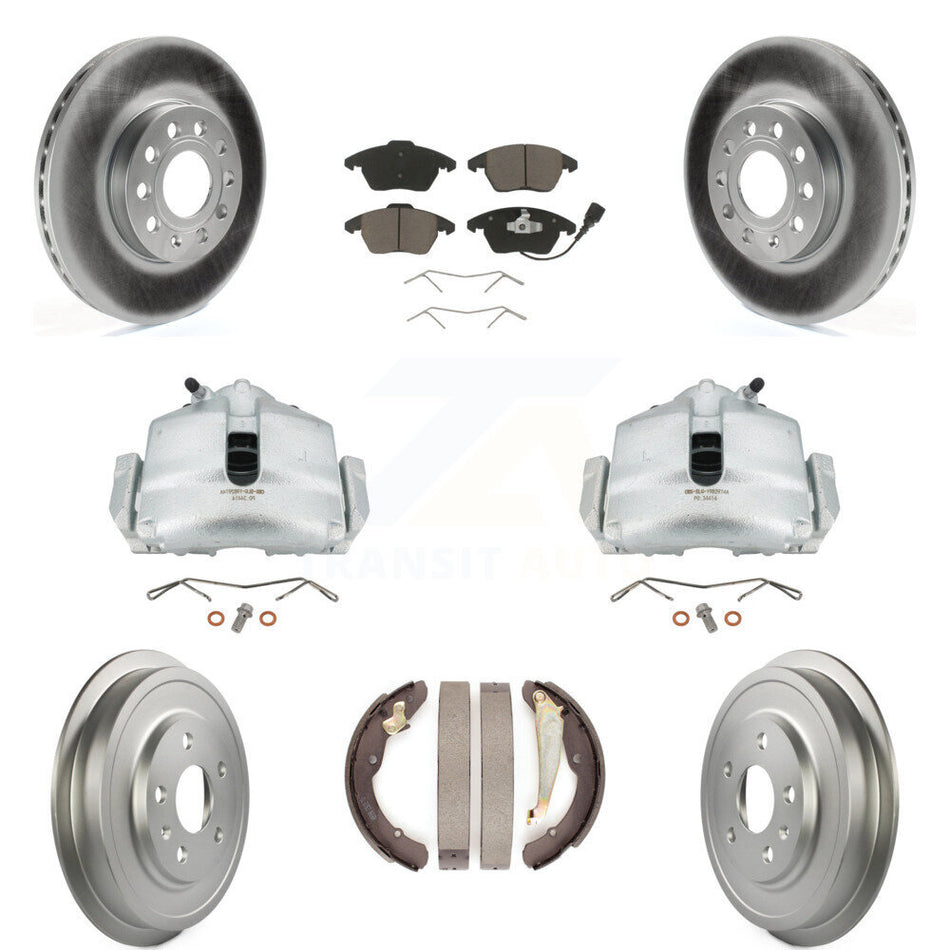 Front Rear Disc Brake Caliper Coated Rotors Drums Ceramic Pads Kit (8Pc) For Volkswagen Jetta With 288mm Diameter Rotor KCG-100412C