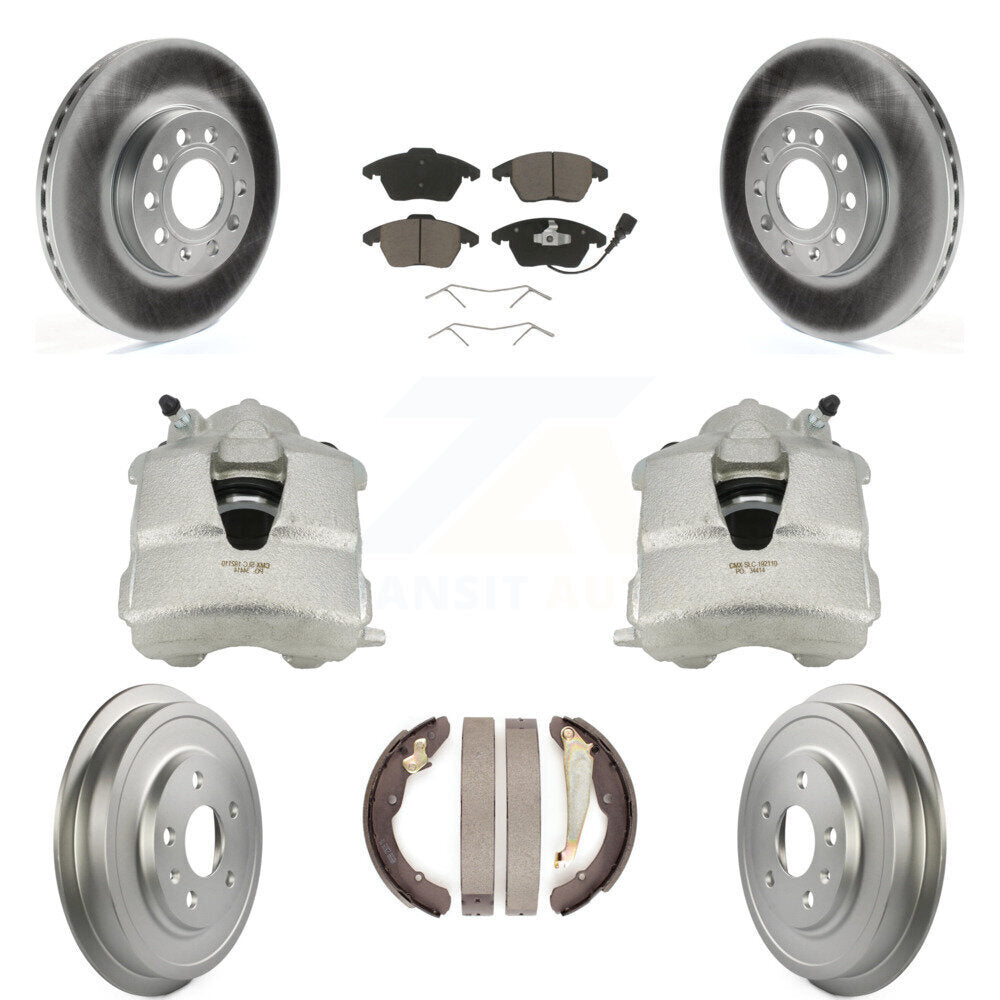 Front Rear Disc Brake Caliper Coated Rotors Drums Ceramic Pads Kit (8Pc) For Volkswagen Jetta With 288mm Diameter Rotor KCG-100413C by Transit Auto