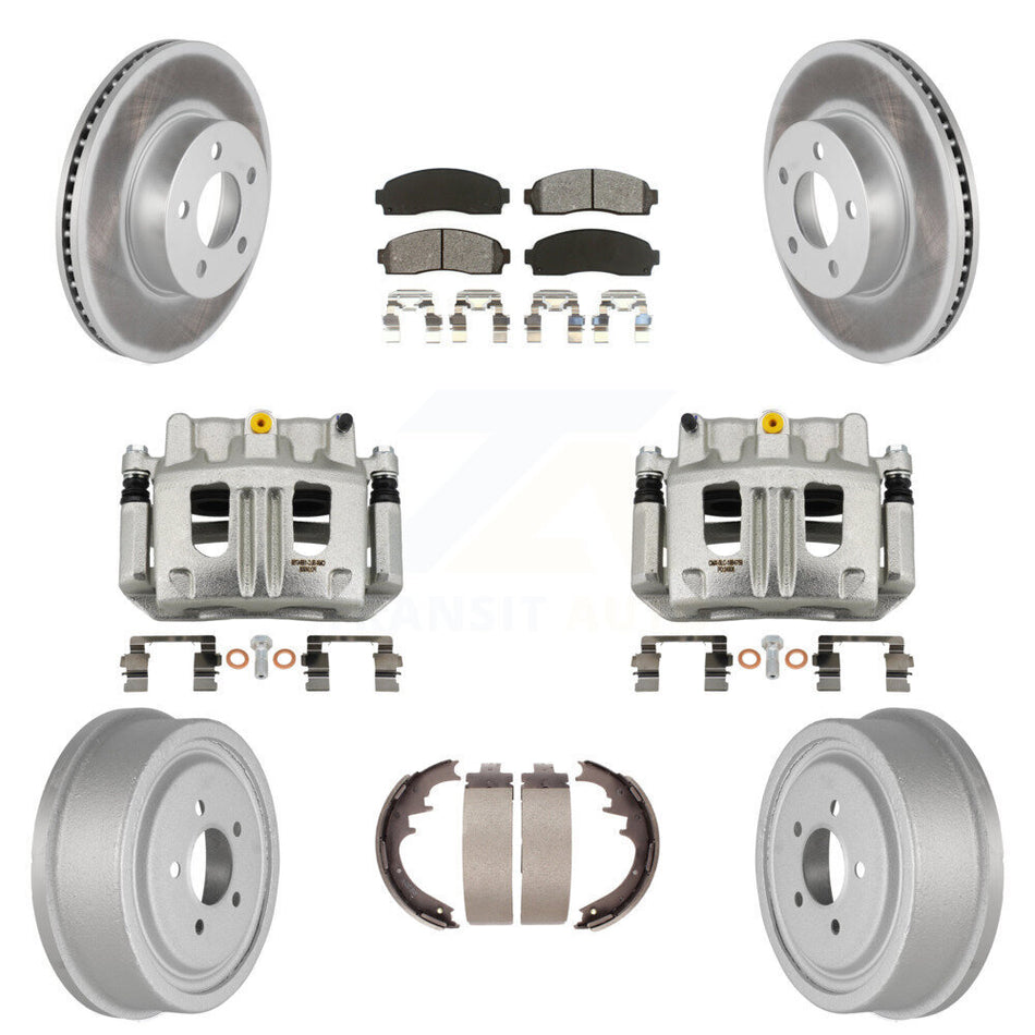Front Rear Brake Caliper Coated Rotors Drum Semi-Metallic Pads Kit (8Pc) For Ford Ranger KCG-100414S