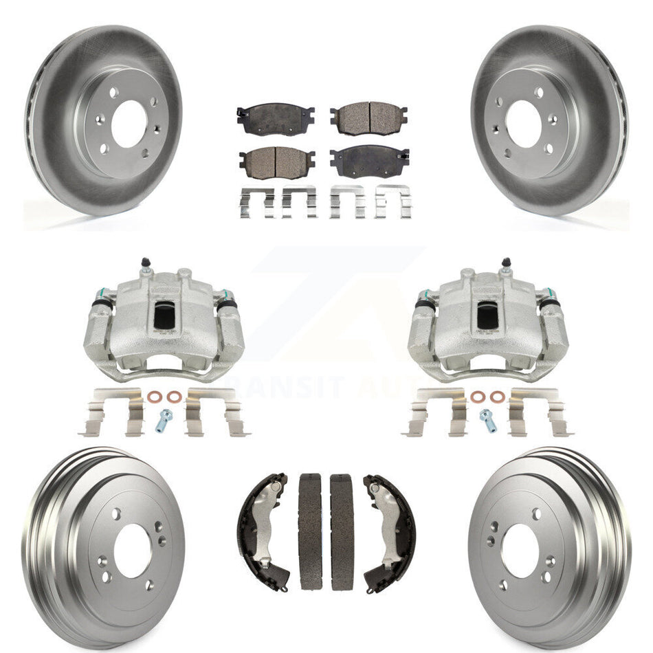 Front Rear Disc Brake Caliper Coated Rotors Drums Ceramic Pads Kit (8Pc) For Hyundai Accent Kia Rio Rio5 KCG-100414T