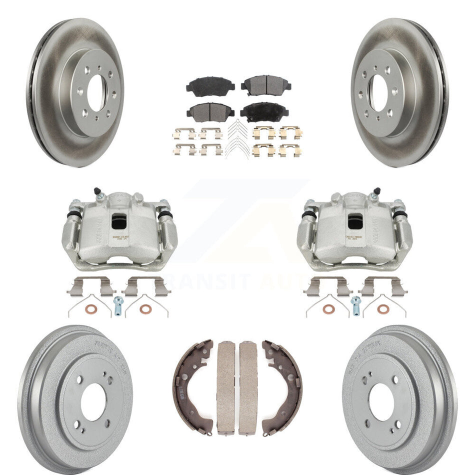Front Rear Disc Brake Caliper Coated Rotors Drums Semi-Metallic Pads Kit (8Pc) For Honda Fit KCG-100415P