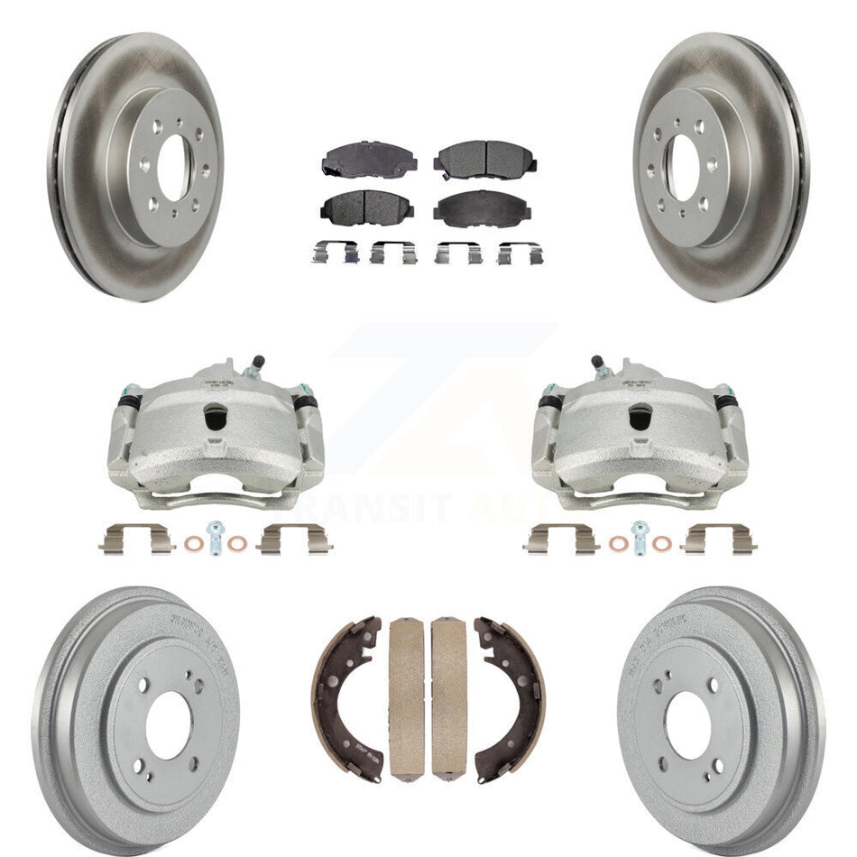 Front Rear Disc Brake Caliper Coated Rotors Drums Semi-Metallic Pads Kit (8Pc) For Honda Civic KCG-100417P