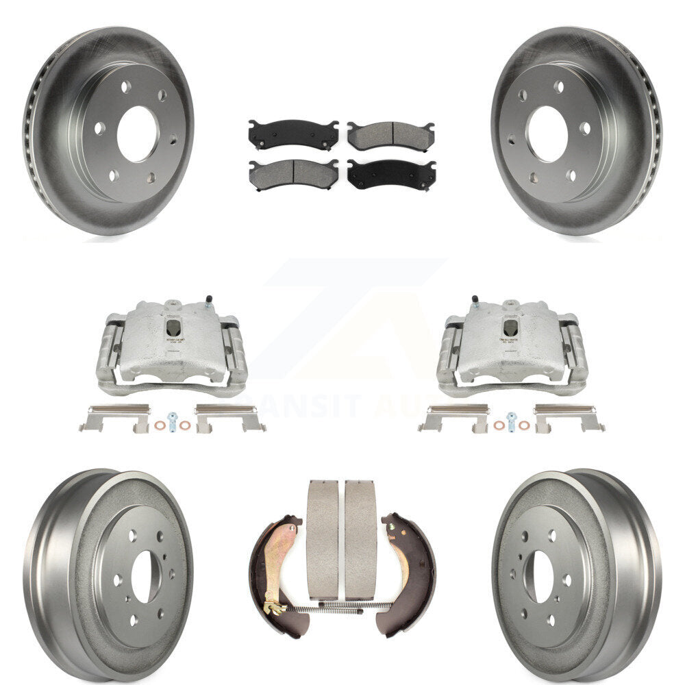 Front Rear Disc Brake Caliper Coated Rotors Drums Semi-Metallic Pads Kit (8Pc) For Chevrolet Silverado 1500 GMC Sierra Classic KCG-100417S by Transit Auto