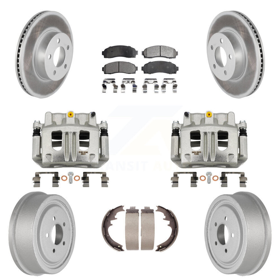 Front Rear Brake Caliper Coated Rotors Drum Semi-Metallic Pads Kit (8Pc) For Ford Ranger KCG-100419P