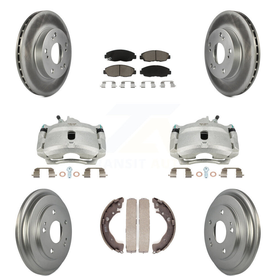 Front Rear Disc Brake Caliper Coated Rotors Drums Ceramic Pads Kit (8Pc) For Honda Civic KCG-100422C