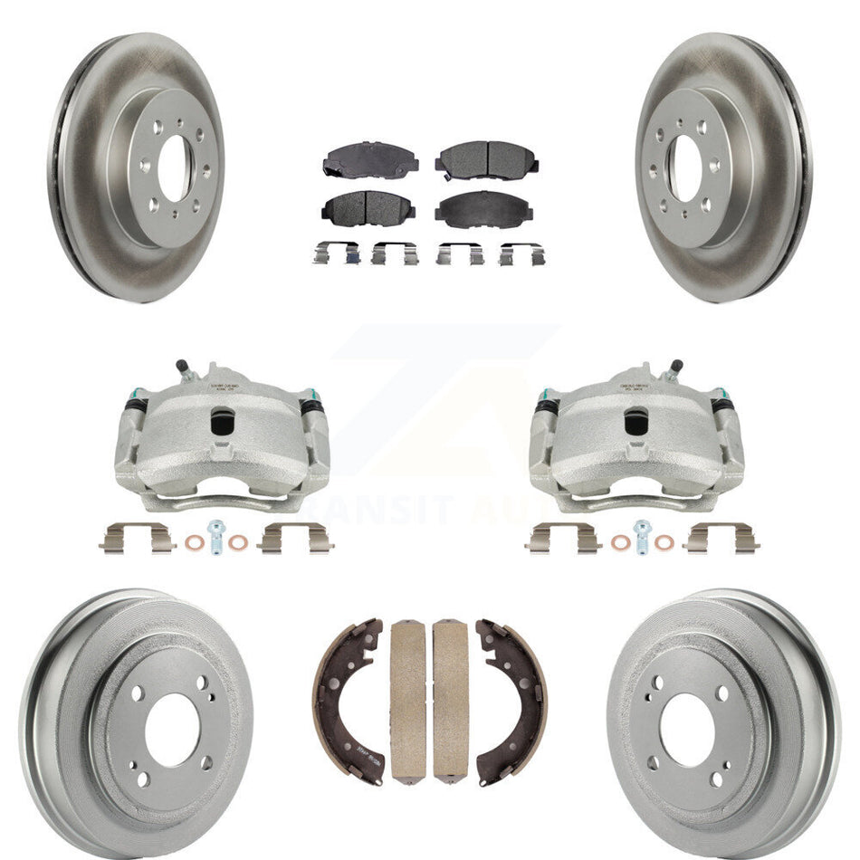 Front Rear Disc Brake Caliper Coated Rotors Drums Ceramic Pads Kit (8Pc) For Honda Civic Acura EL KCG-100422T