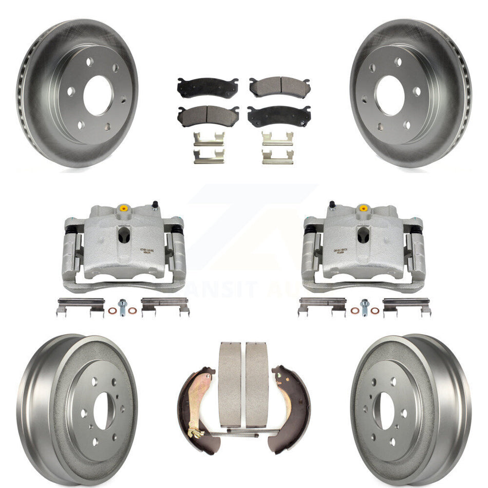 Front Rear Disc Brake Caliper Coated Rotors Drums Semi-Metallic Pads Kit (8Pc) For Chevrolet Silverado 1500 GMC Sierra Classic KCG-100424P