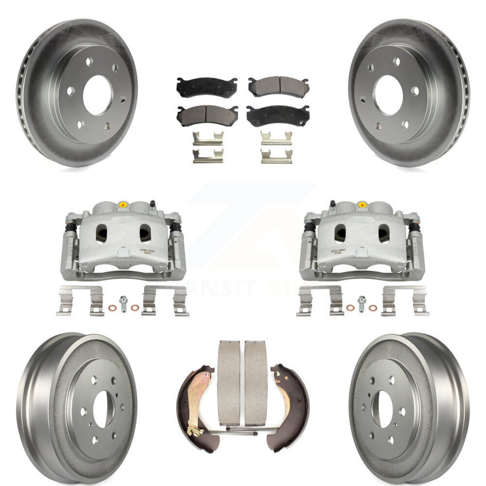Front Rear Disc Brake Caliper Coated Rotors Drums Semi-Metallic Pads Kit (8Pc) For KCG-100426P