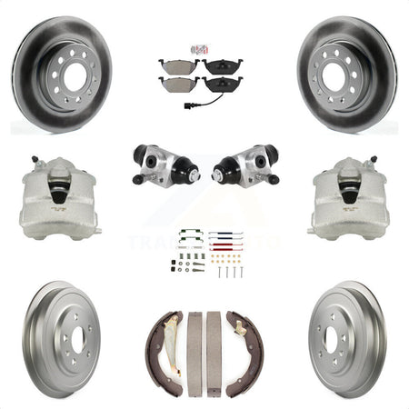 Front Rear Disc Brake Caliper Coated Rotors Drums Semi-Metallic Pads Shoes Wheel Cylinders And Hardware Kit (11Pc) For Volkswagen Jetta With 280mm Diameter Rotor KCG-101260N by Transit Auto