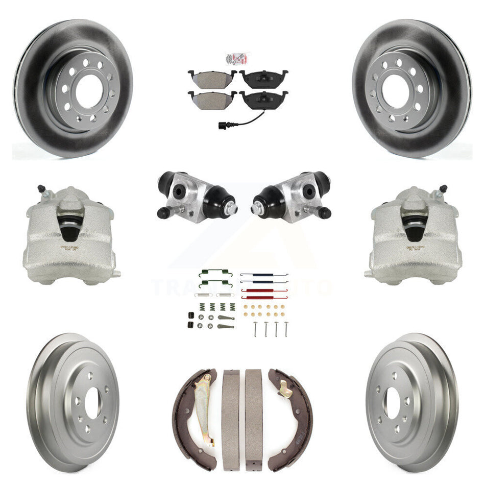 Front Rear Disc Brake Caliper Coated Rotors Drums Semi-Metallic Pads Shoes Wheel Cylinders And Hardware Kit (11Pc) For Volkswagen Jetta With 280mm Diameter Rotor KCG-101260N
