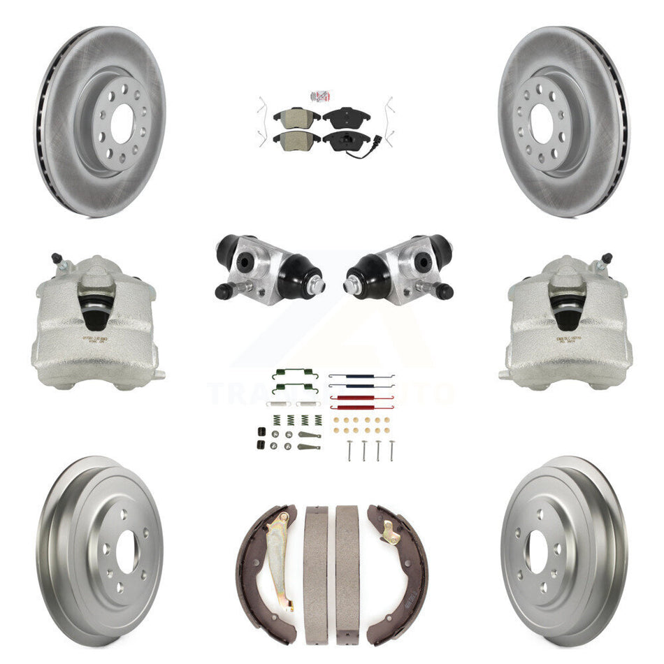 Front Rear Disc Brake Caliper Coated Rotors Drums Semi-Metallic Pads Shoes Wheel Cylinders And Hardware Kit (11Pc) For Volkswagen Jetta With 312mm Diameter Rotor KCG-101261N