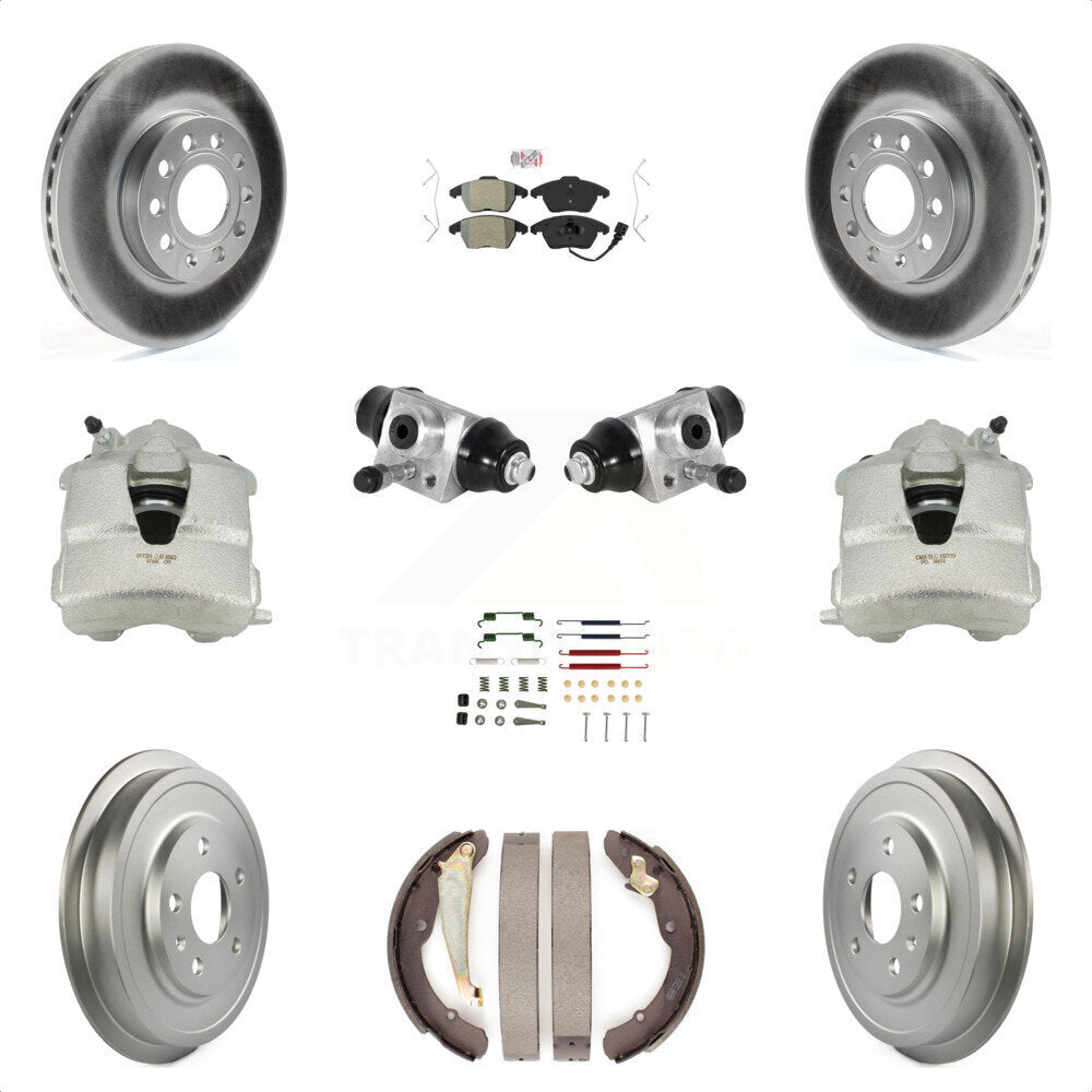 Front Rear Disc Brake Caliper Coated Rotors Drums Semi-Metallic Pads Shoes Wheel Cylinders And Hardware Kit (11Pc) For Volkswagen Jetta With 288mm Diameter Rotor KCG-101262N by Transit Auto