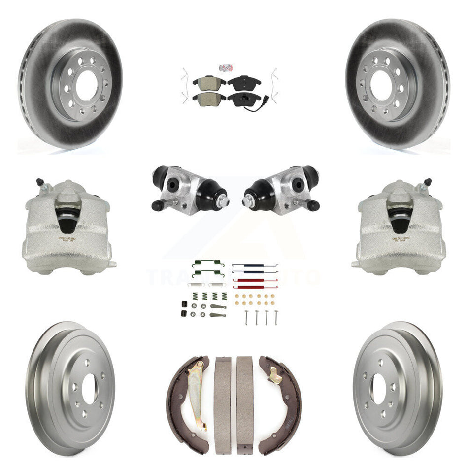 Front Rear Disc Brake Caliper Coated Rotors Drums Semi-Metallic Pads Shoes Wheel Cylinders And Hardware Kit (11Pc) For Volkswagen Jetta With 288mm Diameter Rotor KCG-101262N