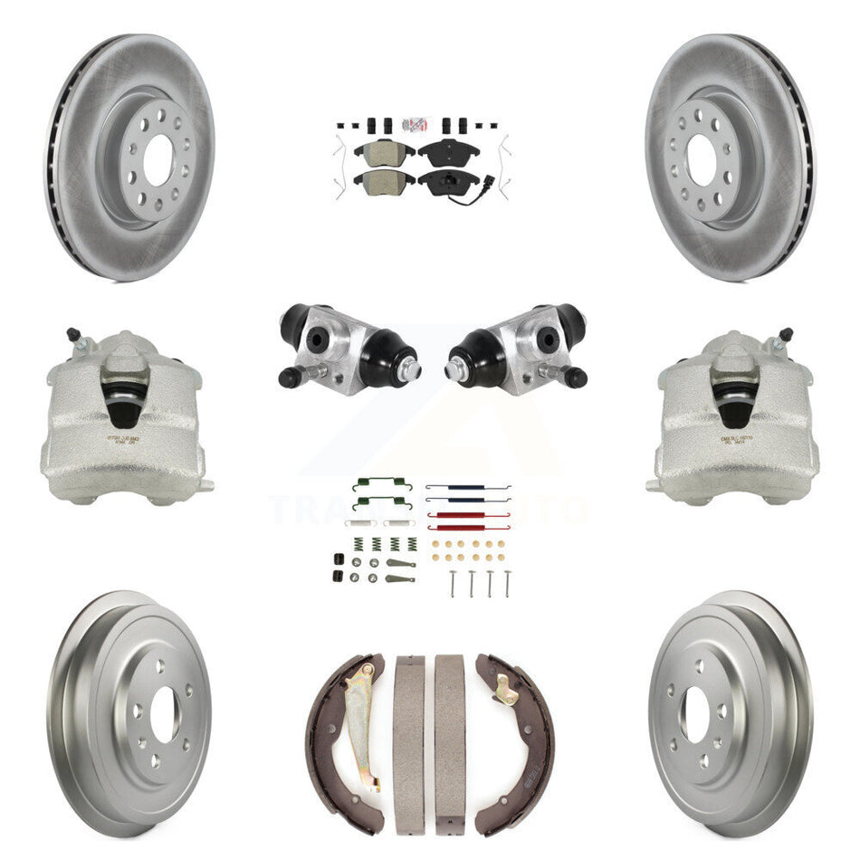 Front Rear Disc Brake Caliper Coated Rotors Drums Semi-Metallic Pads Shoes Wheel Cylinders And Hardware Kit (11Pc) For Volkswagen Jetta With 312mm Diameter Rotor KCG-101263N