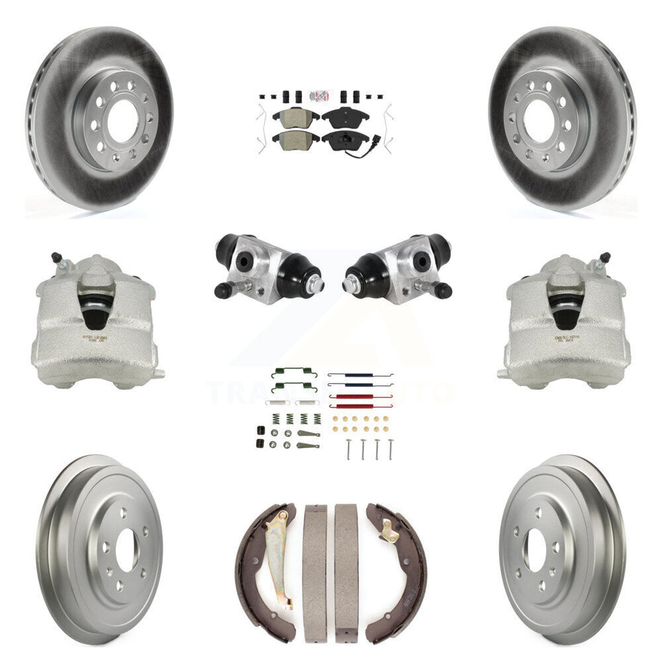 Front Rear Disc Brake Caliper Coated Rotors Drums Semi-Metallic Pads Shoes Wheel Cylinders And Hardware Kit (11Pc) For Volkswagen Jetta With 288mm Diameter Rotor KCG-101264N