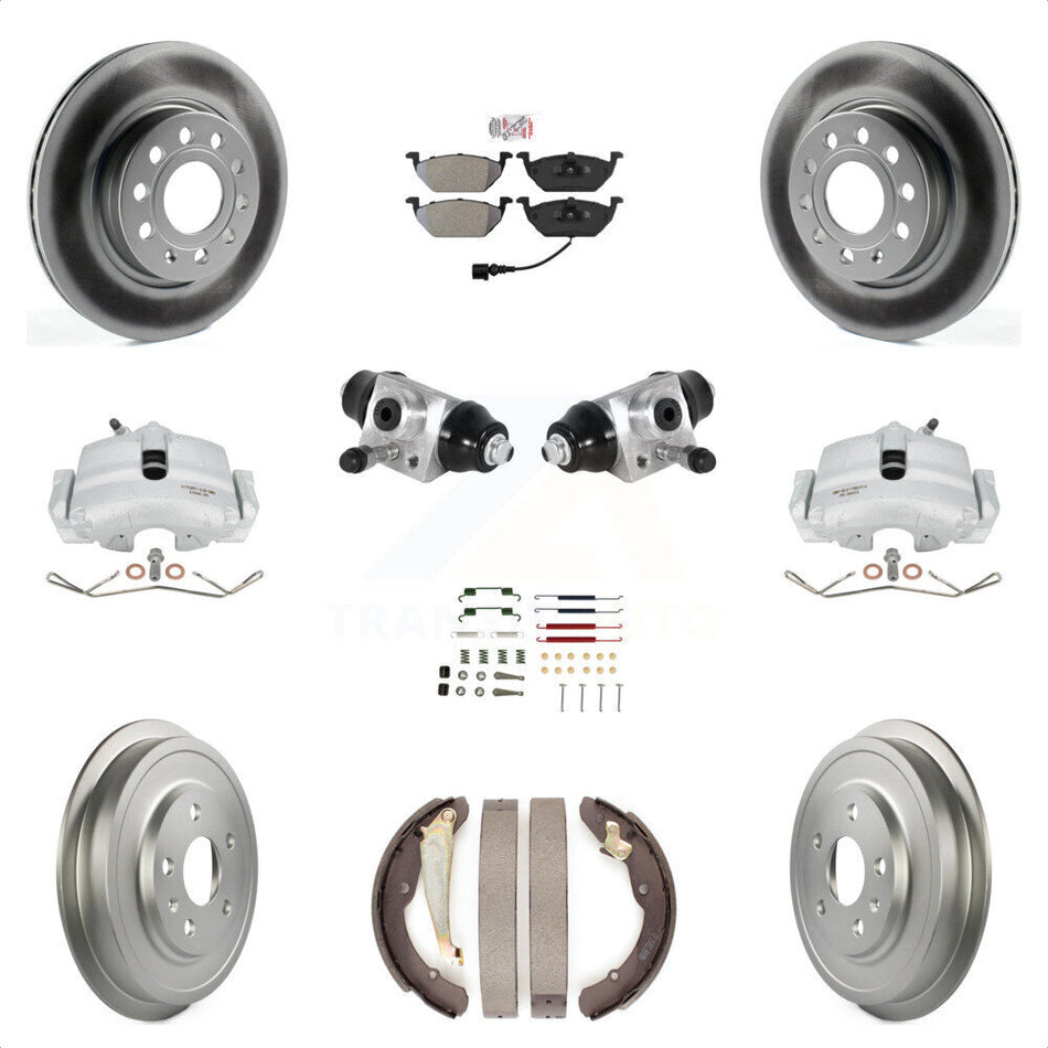 Front Rear Brake Caliper Coated Rotor Drum Semi-Metallic Pad Shoes Cylinder Hardware Kit (11Pc) For Volkswagen Jetta 2.5L with rear brakes With 280mm Diameter KCG-101265N by Transit Auto