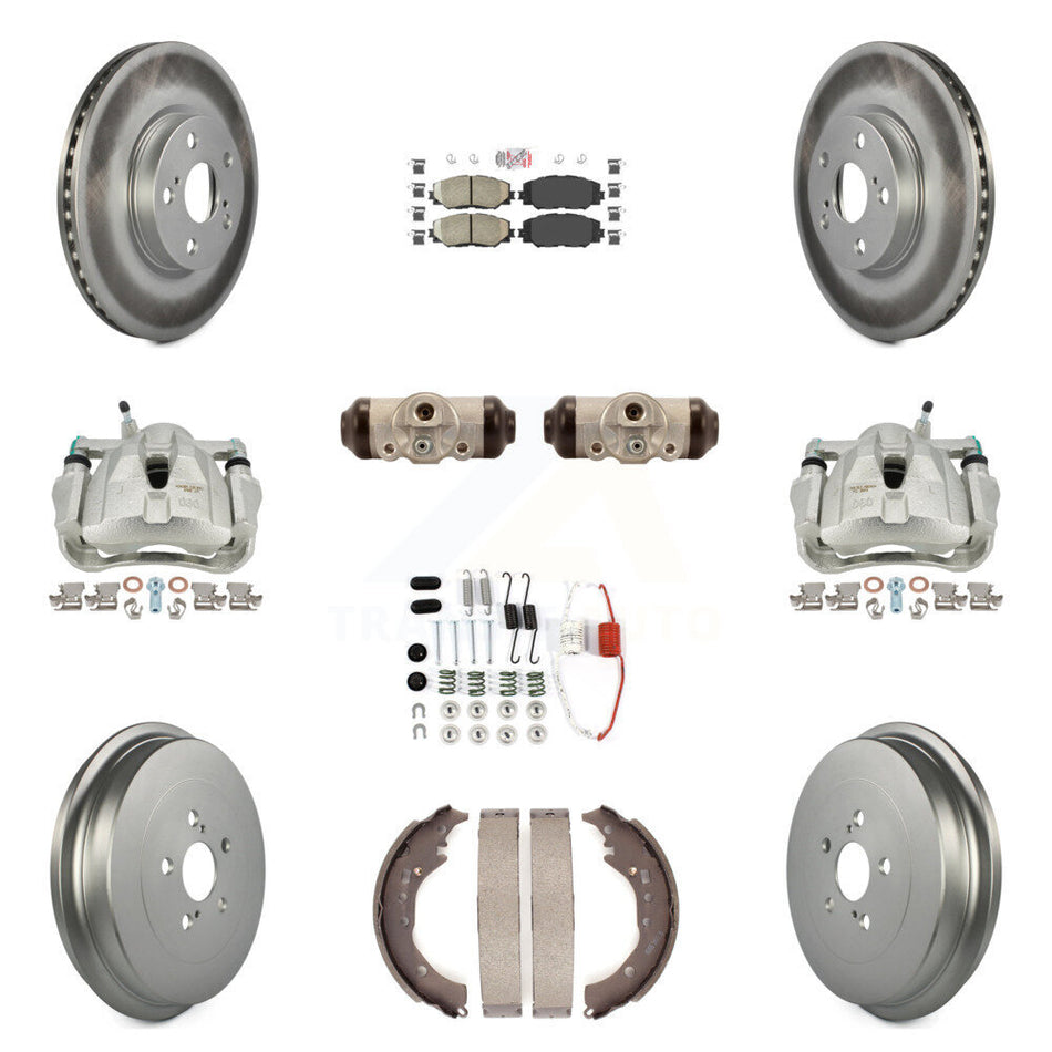 Front Rear Disc Brake Caliper Coated Rotors Drums Ceramic Pads Shoes Wheel Cylinders And Hardware Kit (11Pc) For 2009-2013 Toyota Corolla KCG-101273N