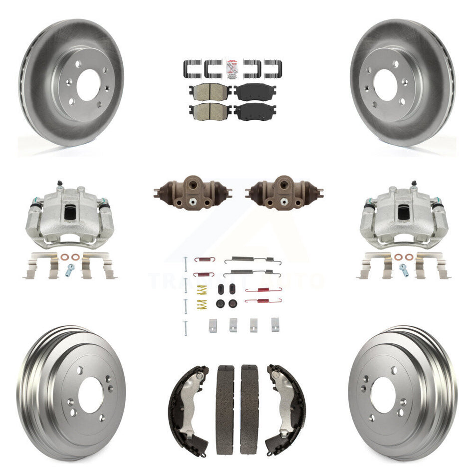 Front Rear Disc Brake Caliper Coated Rotors Drums Semi-Metallic Pads Shoes Wheel Cylinders And Hardware Kit (11Pc) For Hyundai Accent Kia Rio Rio5 KCG-101284N