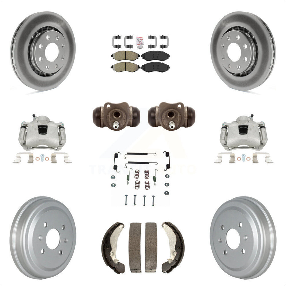 Front Rear Disc Brake Caliper Coated Rotor Drum Semi-Metallic Pad Shoes Wheel Cylinder & Hardware Kit (11Pc) For Chevrolet Aveo Spark Aveo5 Pontiac G3 Suzuki Wave Wave5 Swift+ KCG-101285N by Transit Auto