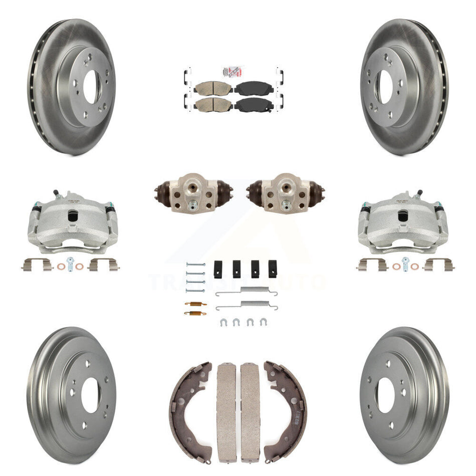 Front Rear Disc Brake Caliper Coated Rotors Drums Ceramic Pads Shoes Wheel Cylinders And Hardware Kit (11Pc) For Honda Civic KCG-101286N