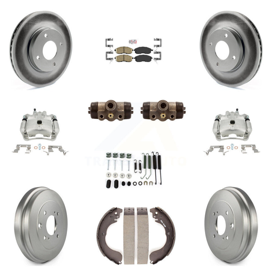 Front Rear Disc Brake Caliper Coated Rotors Drums Ceramic Pads Shoes Wheel Cylinders And Hardware Kit (11Pc) For Nissan Sentra KCG-101288N