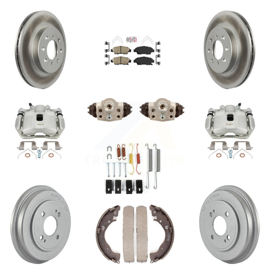 Front Rear Disc Brake Caliper Coated Rotors Drums Ceramic Pads Shoes Wheel Cylinders And Hardware Kit (11Pc) For Honda Fit KCG-101290N