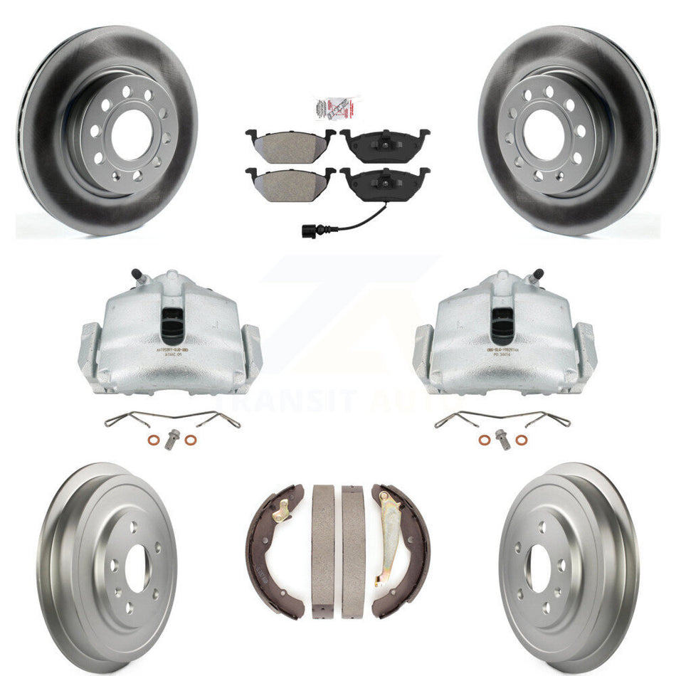 Front Rear Disc Brake Caliper Coated Rotors Drums Semi-Metallic Pads Kit (8Pc) For Volkswagen Jetta With 280mm Diameter Rotor KCG-101348N