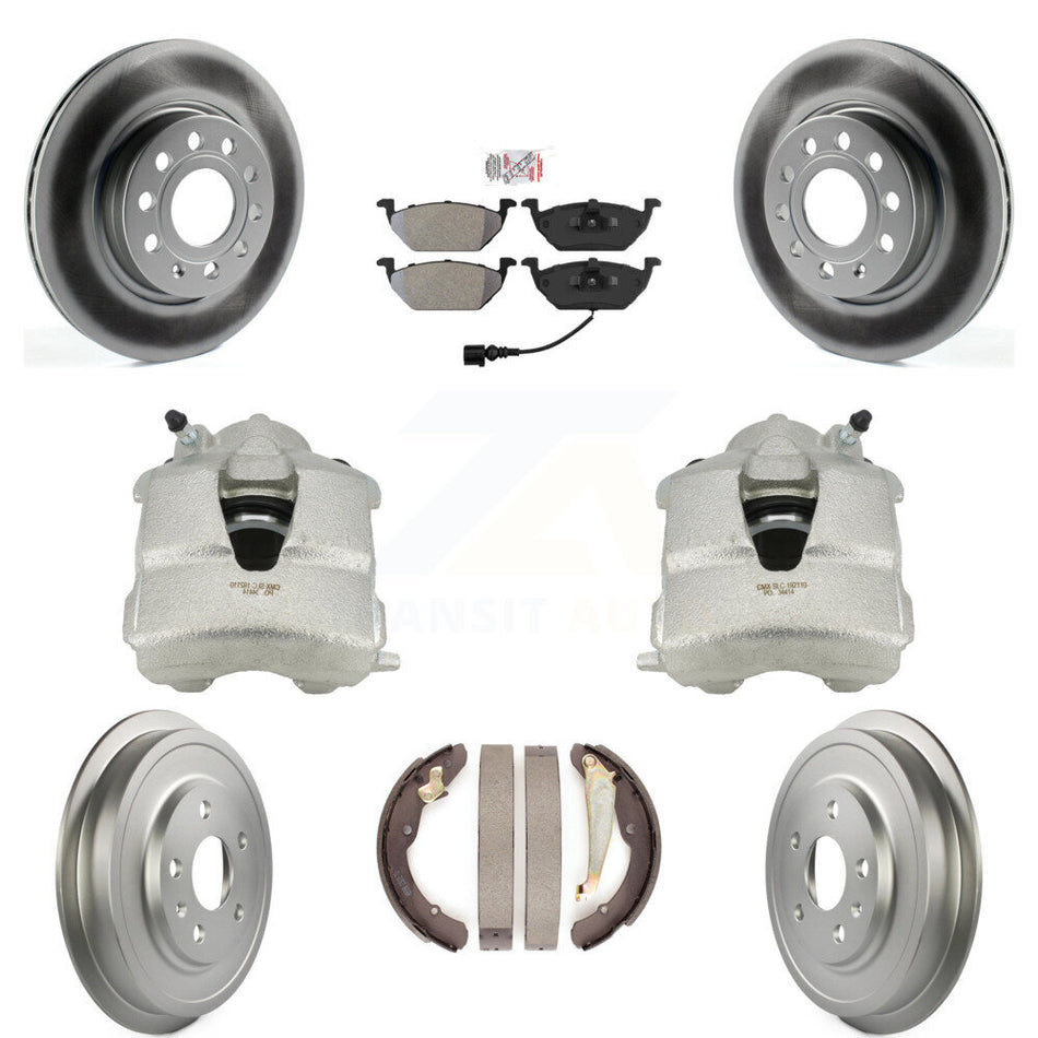 Front Rear Disc Brake Caliper Coated Rotors Drums Semi-Metallic Pads Kit (8Pc) For Volkswagen Jetta With 280mm Diameter Rotor KCG-101350N