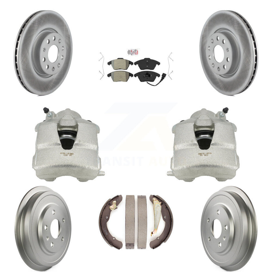 Front Rear Disc Brake Caliper Coated Rotors Drums Semi-Metallic Pads Kit (8Pc) For Volkswagen Jetta With 312mm Diameter Rotor KCG-101352N