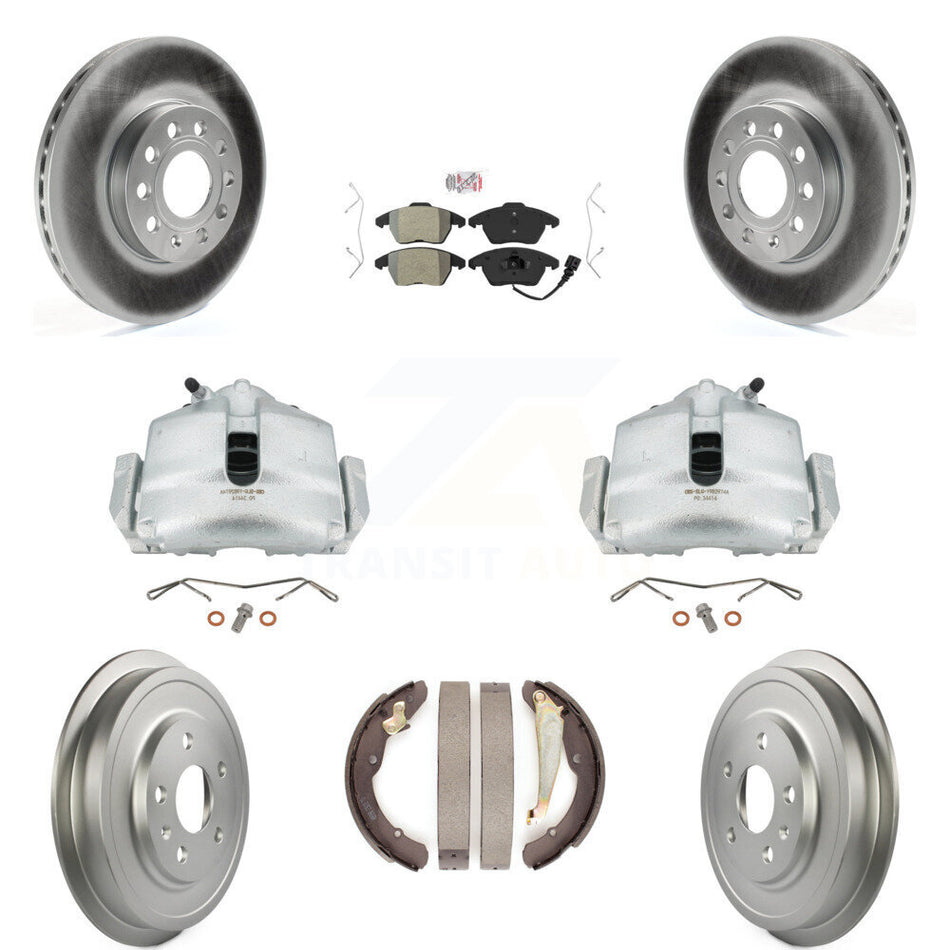 Front Rear Disc Brake Caliper Coated Rotors Drums Semi-Metallic Pads Kit (8Pc) For Volkswagen Jetta With 288mm Diameter Rotor KCG-101353N